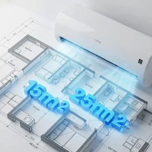 Plano arquitectónico 3D de una vivienda en Valencia mostrando diferentes metros cuadrados (m²) para calcular las frigorías necesarias del aire acondicionado.
