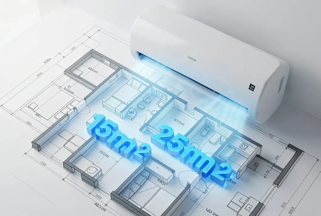 Plano arquitectónico 3D de una vivienda en Valencia mostrando diferentes metros cuadrados (m²) para calcular las frigorías necesarias del aire acondicionado.